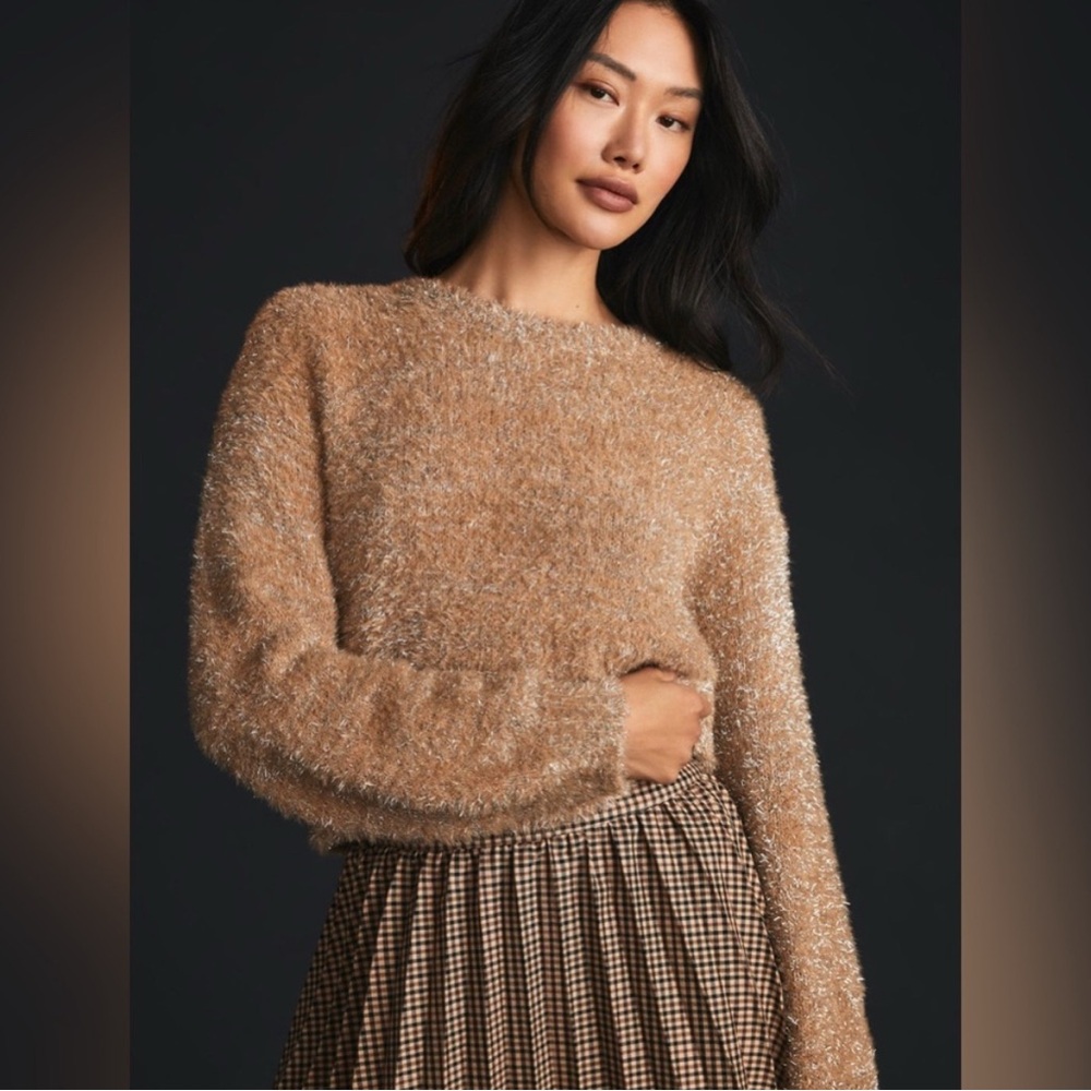 Anthropologie Fuzzy Crewneck Sweater in Camel
